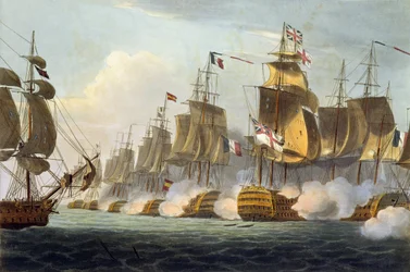 トラファルガーの海戦、1805年10月21日、ジェームズ・ジェンキンズ著『グレートブリテンの海軍功績』より、トマス・サザーランド版画（1785年頃生）、1816年刊行